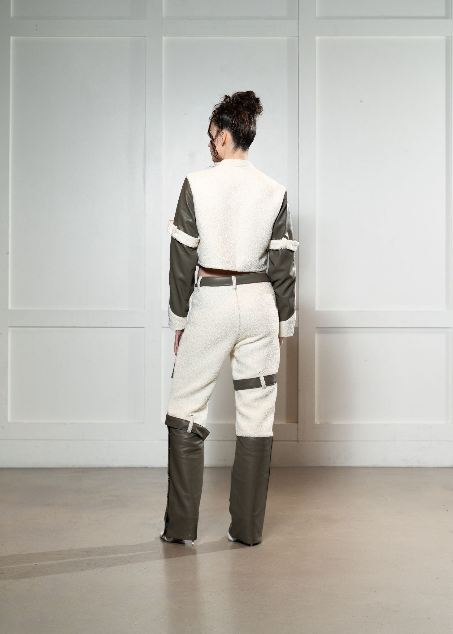 Laurenelle vegan leather and shearling set back view. Stylish and warm winter ensemble.