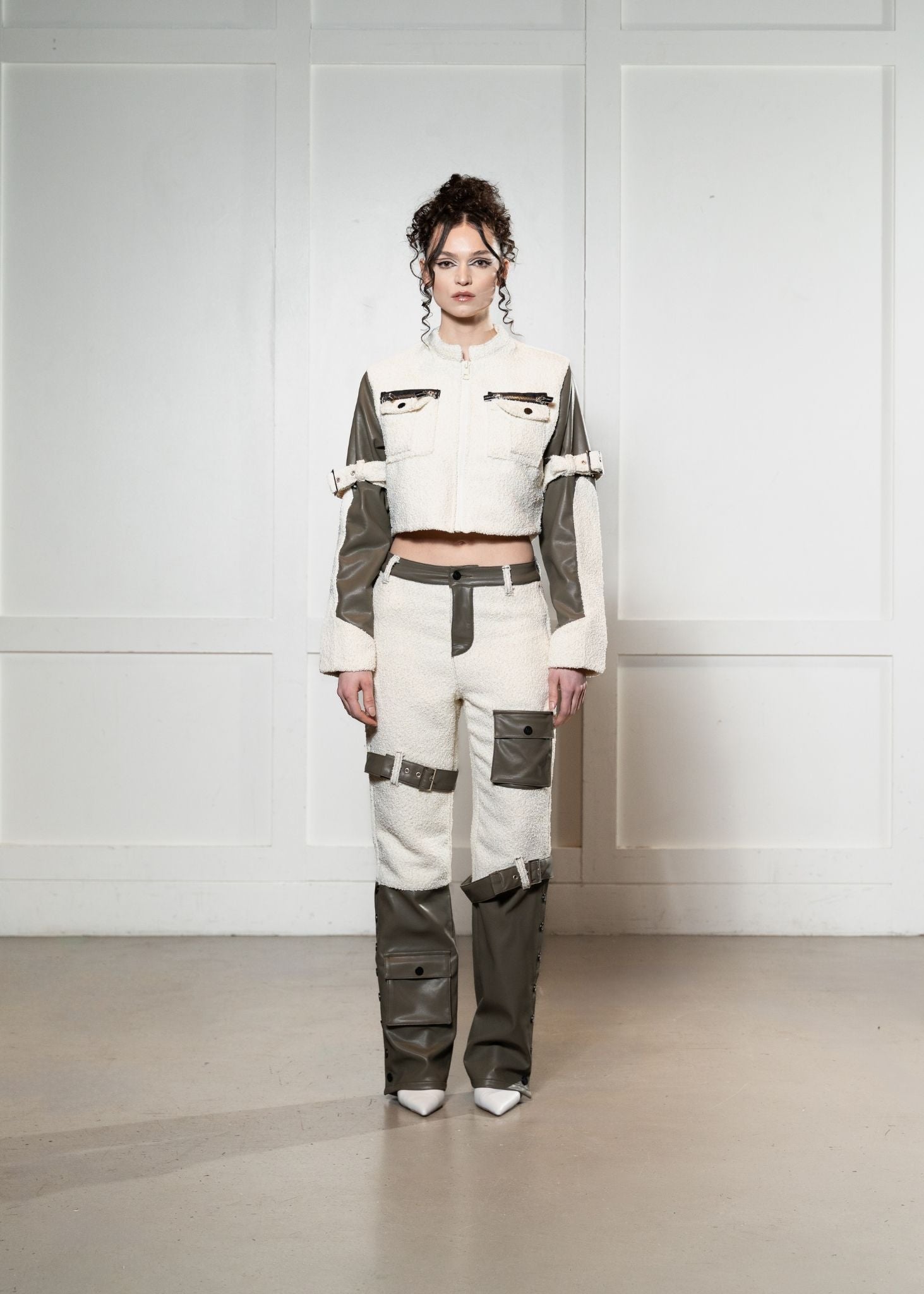 Laurenelle vegan leather and shearling set front view. Chic and cozy winter fashion.