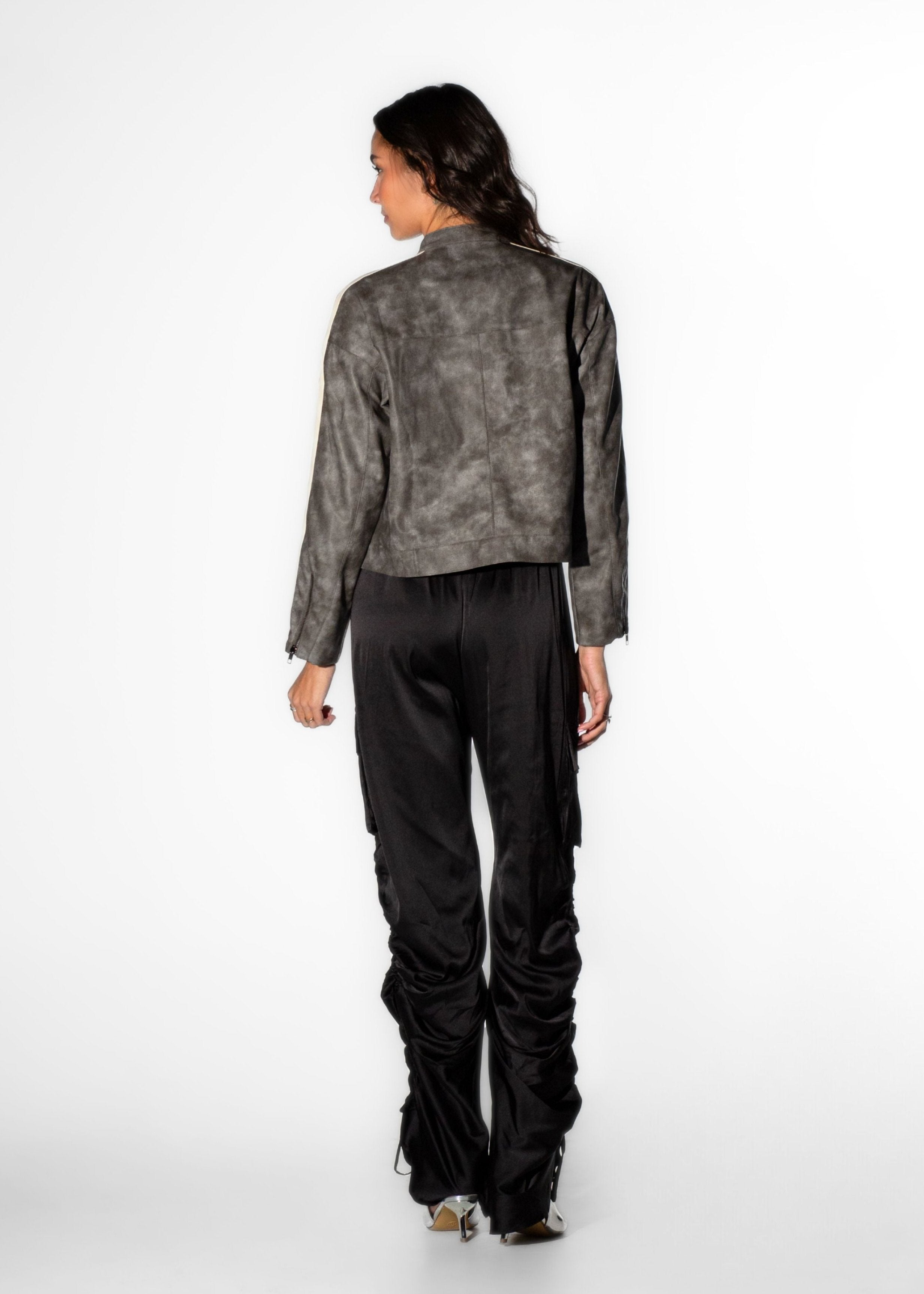 Back view of Laurenelle women’s grey distressed vegan leather oversized moto jacket showcasing its bold, relaxed design and textured finish.