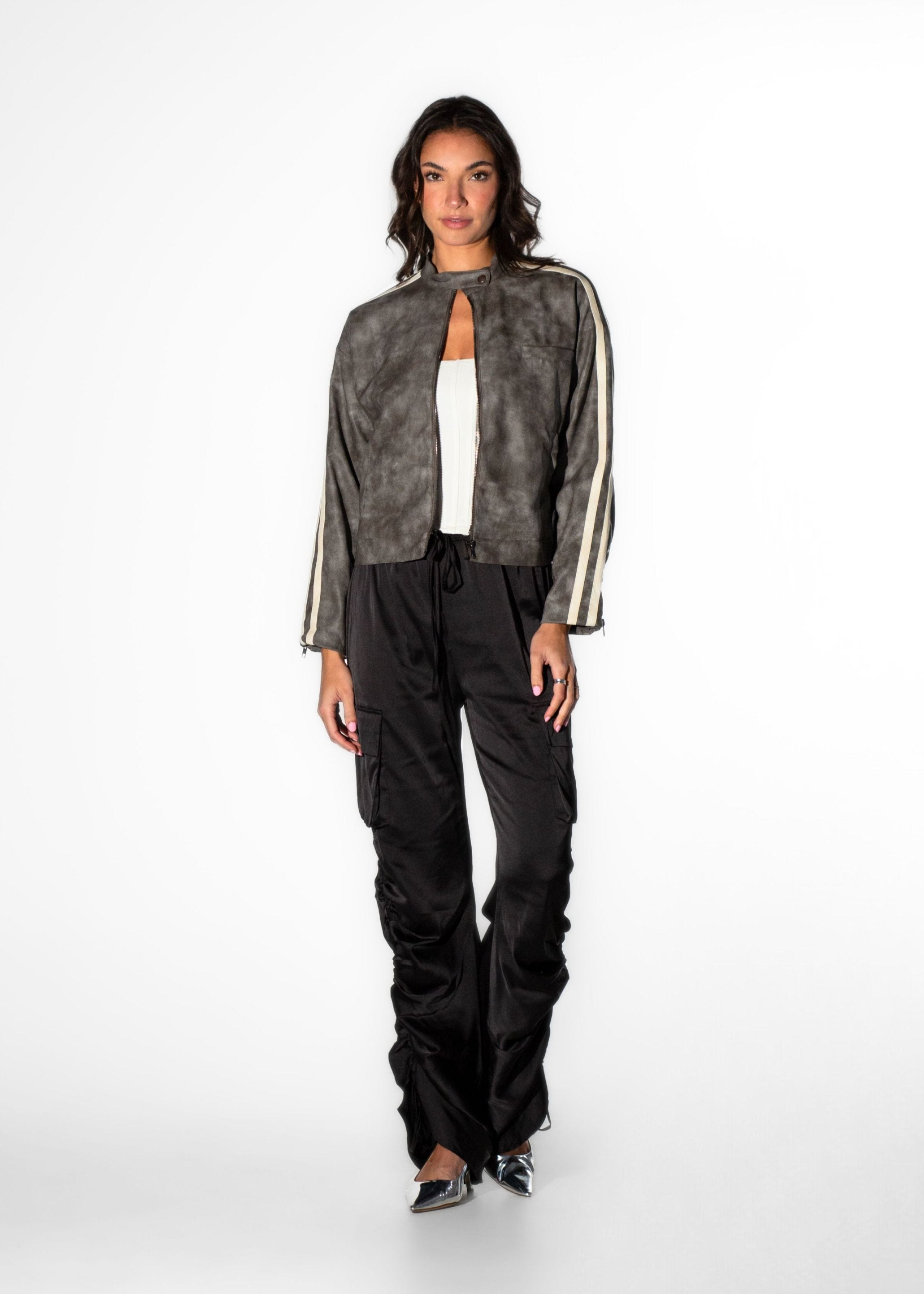 Front view of Laurenelle women’s grey distressed vegan leather oversized moto jacket featuring a bold and relaxed design.