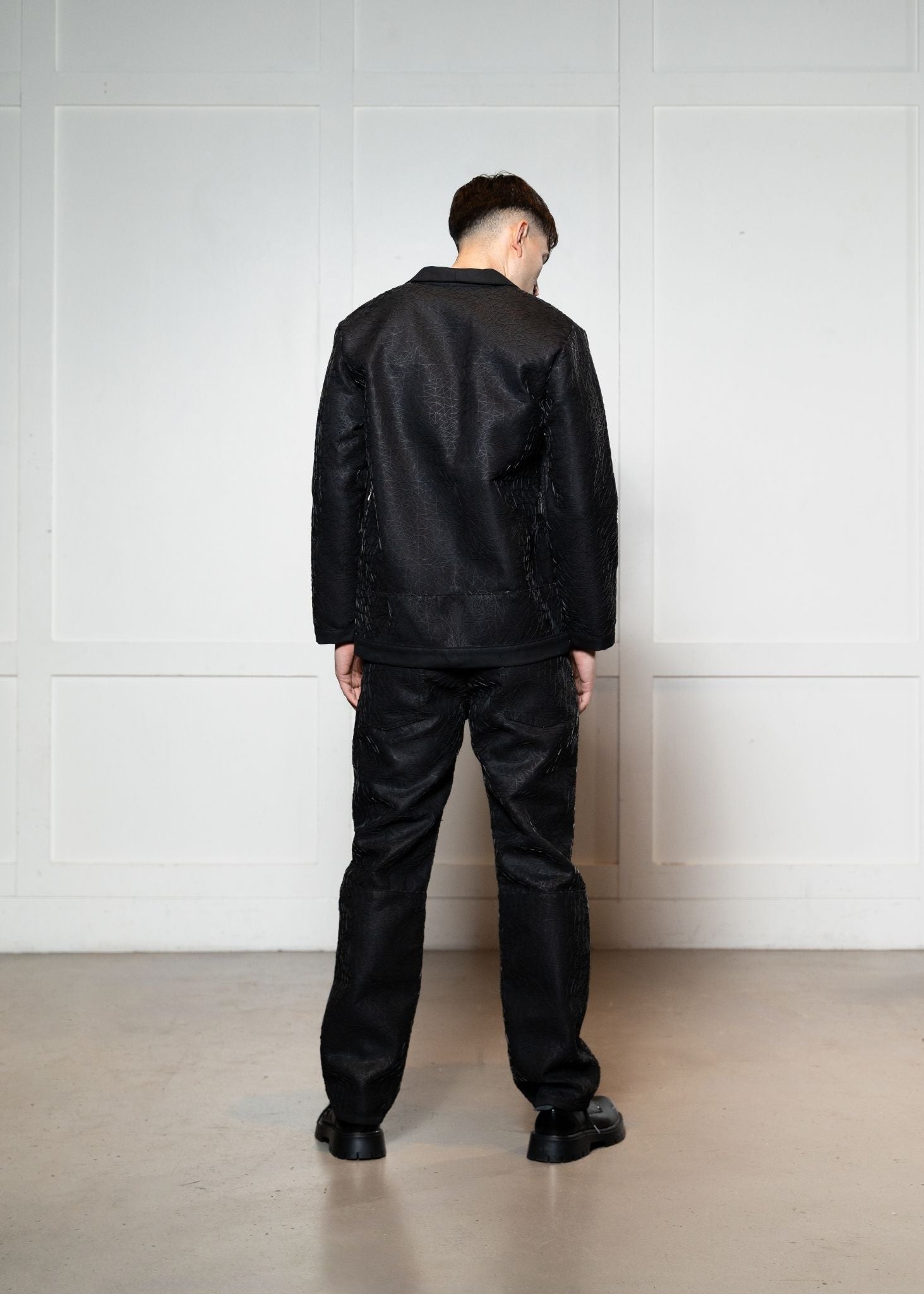 Laurenelle embroidered suit set in black back view. Chic and stylish modern suit.