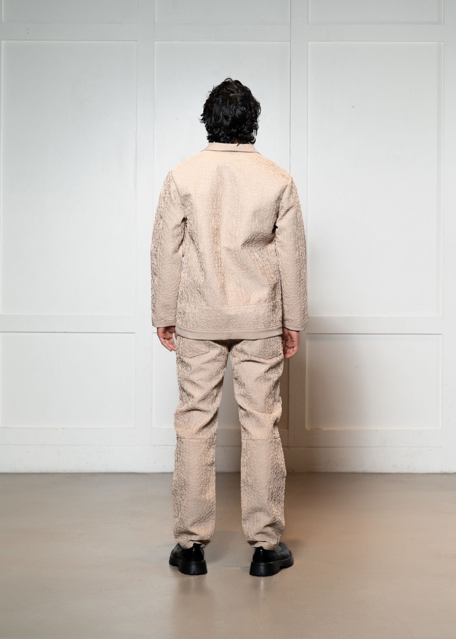 Laurenelle embroidered suit set in tan back view. Chic and stylish modern suit.