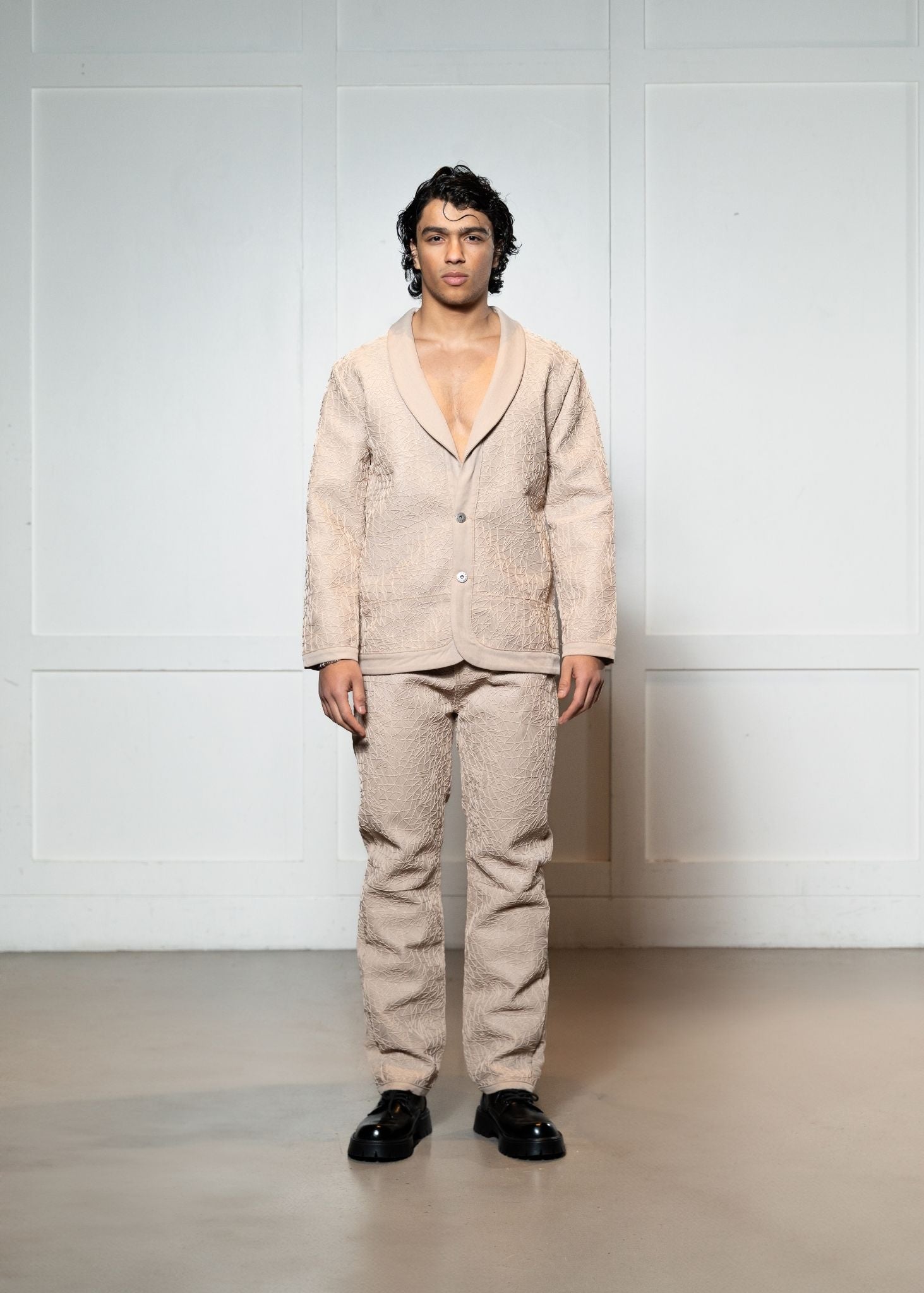 Laurenelle embroidered suit set in tan front view. Elegant and sophisticated tailored design.