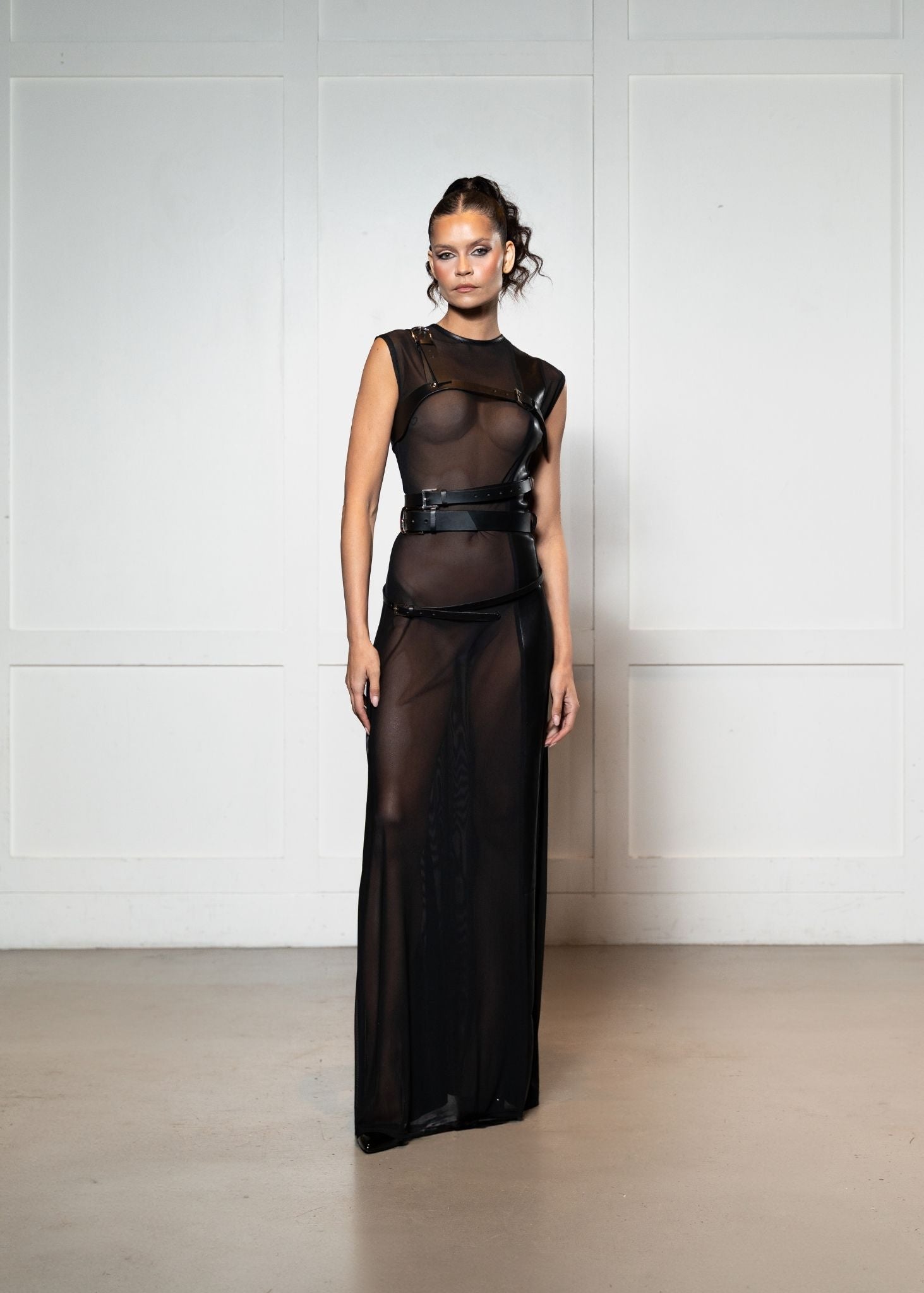 Laurenelle sheer dress with leather harness front view. Bold and edgy statement fashion.