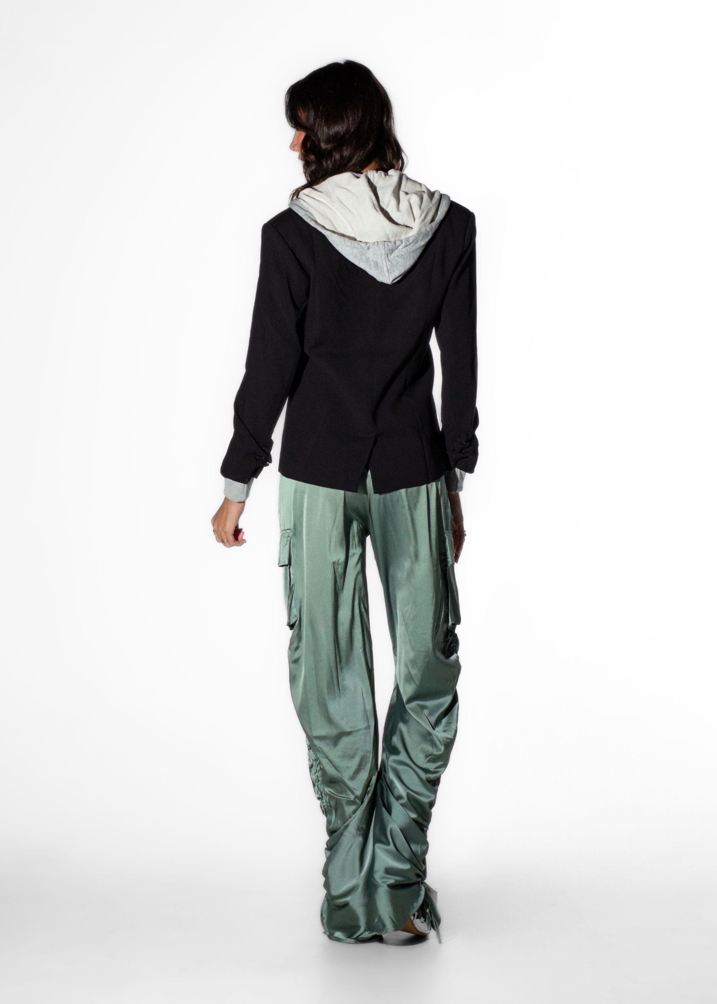 Back view of Laurenelle women’s black structured blazer with jersey hood highlighting its clean lines and versatile design.