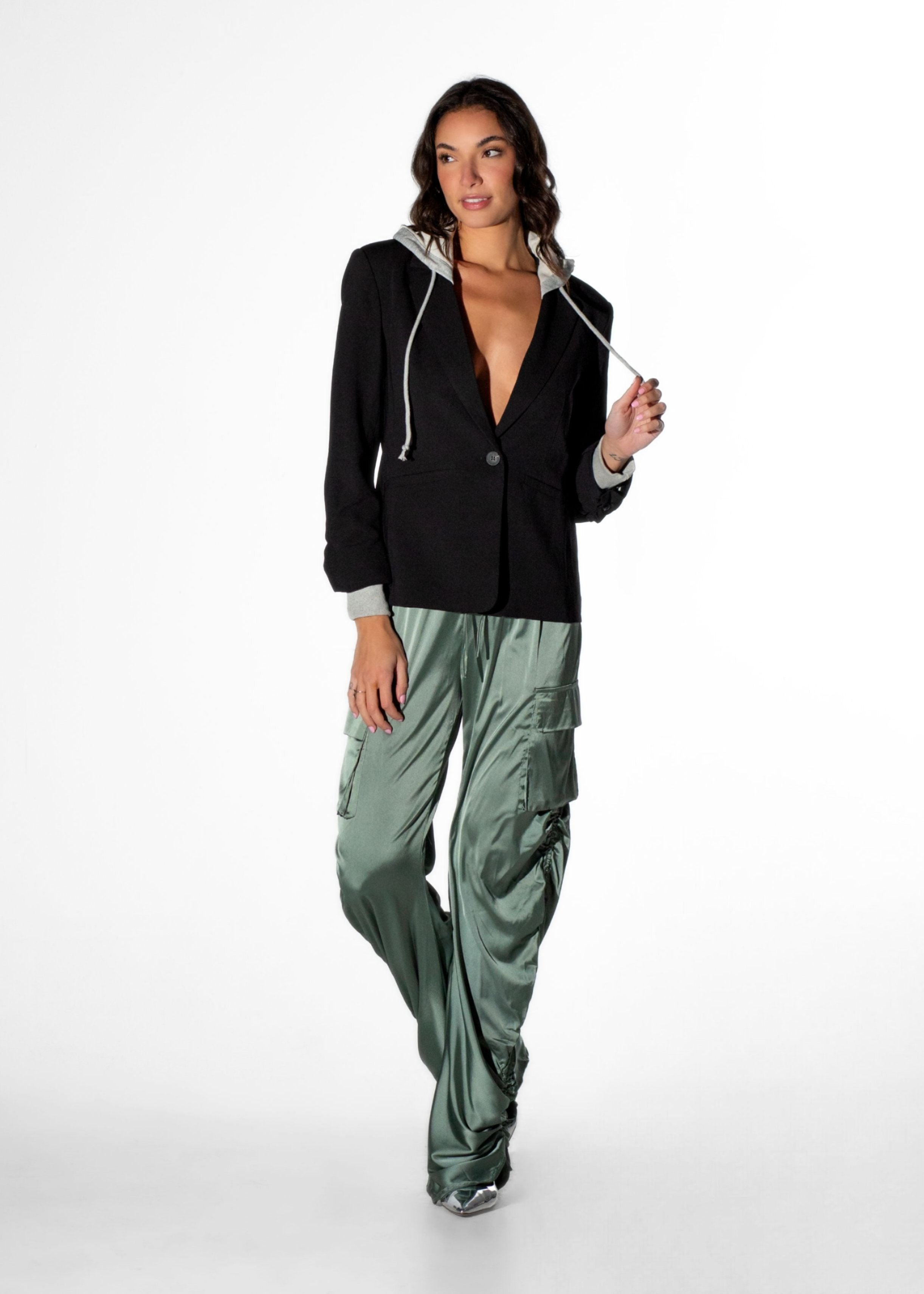 Front view of Laurenelle women’s black structured blazer with jersey hood featuring a sleek tailored fit and blend material.