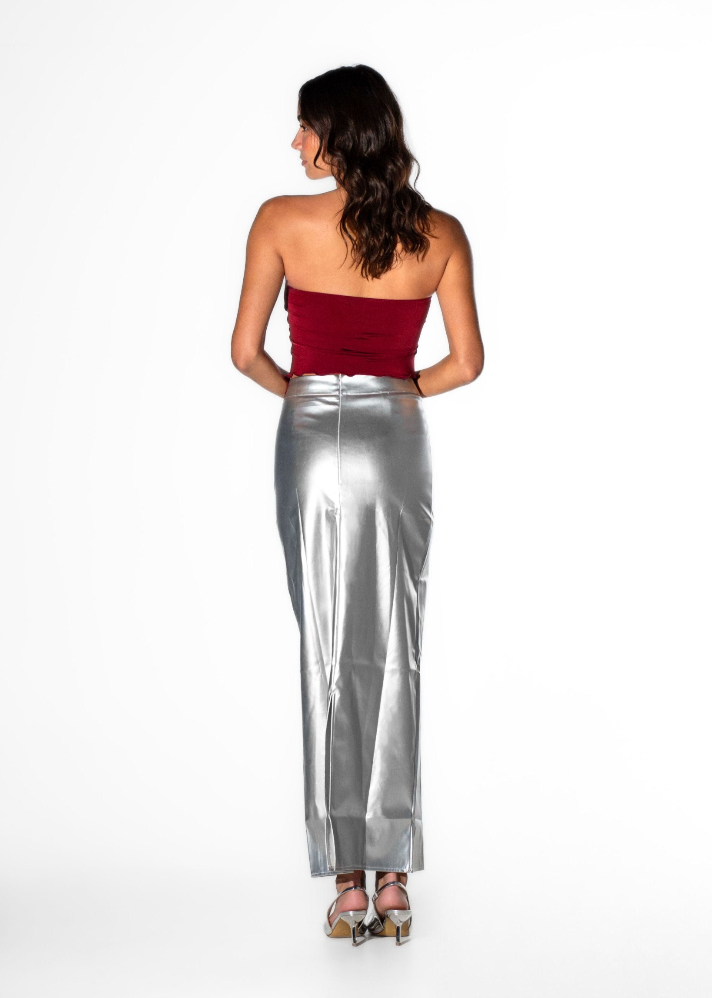 Back view of Laurenelle women’s wine sateen florette crop highlighting its structured design and intricate florette details.